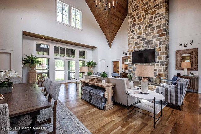 326 Bulgers Mill Loop, Alexander City, AL 35010 - living area featuring high vaulted ceiling, wood finished floors, french doors, wood ceiling, and a stone fireplace