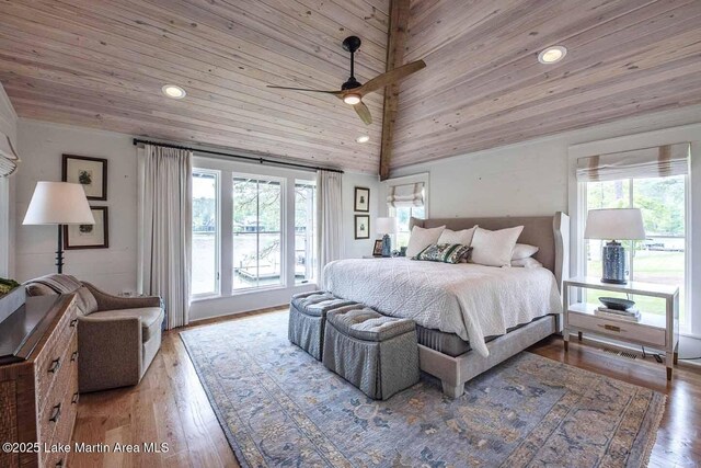 326 Bulgers Mill Loop, Alexander City, AL 35010 - bedroom featuring wood ceiling, recessed lighting, wood finished floors, and ceiling fan