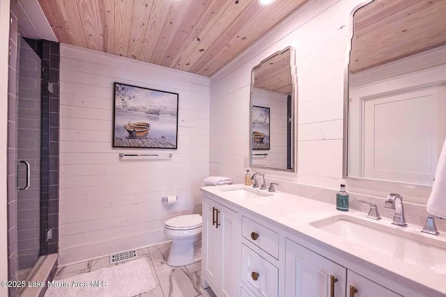 326 Bulgers Mill Loop, Alexander City, AL 35010 - full bathroom featuring wooden ceiling, wooden walls, toilet, a shower stall, and marble look tile flooring