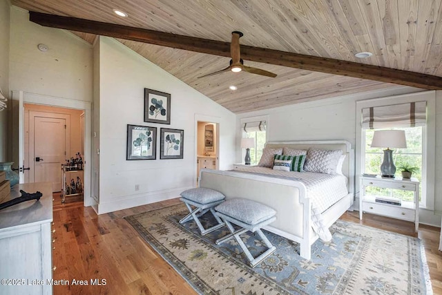 326 Bulgers Mill Loop, Alexander City, AL 35010 - bedroom with beam ceiling, wood ceiling, wood finished floors, baseboards, and high vaulted ceiling