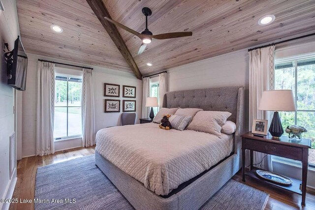 326 Bulgers Mill Loop, Alexander City, AL 35010 - bedroom featuring multiple windows, wooden ceiling, wood finished floors, recessed lighting, and a ceiling fan