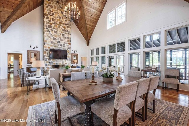 326 Bulgers Mill Loop, Alexander City, AL 35010 - dining room featuring high vaulted ceiling, wooden ceiling, wood finished floors, beam ceiling, and a stone fireplace