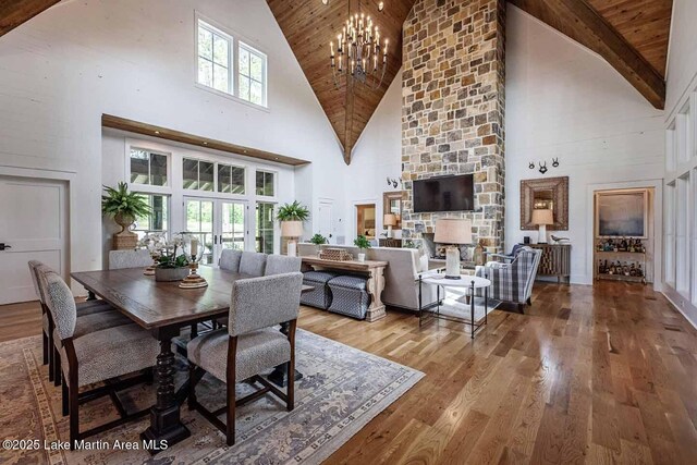 326 Bulgers Mill Loop, Alexander City, AL 35010 - dining area with high vaulted ceiling, wooden ceiling, a chandelier, wood finished floors, and french doors