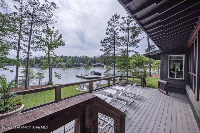 326 Bulgers Mill Loop, Alexander City, AL 35010 - wooden terrace featuring a water view, a yard, and a dock