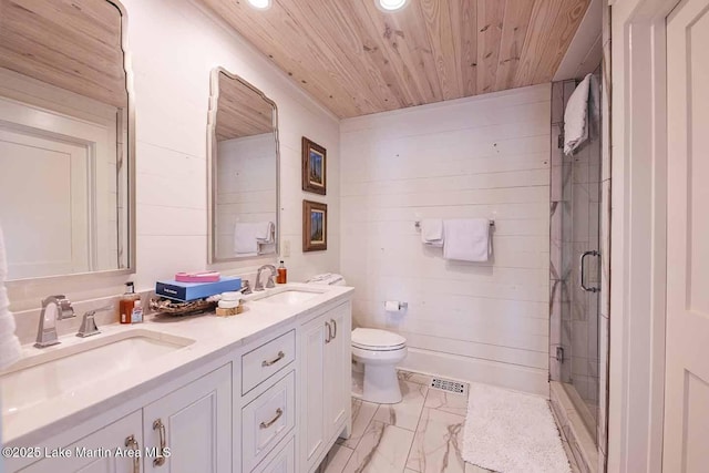 326 Bulgers Mill Loop, Alexander City, AL 35010 - full bath featuring marble finish flooring, wooden ceiling, a shower stall, toilet, and recessed lighting