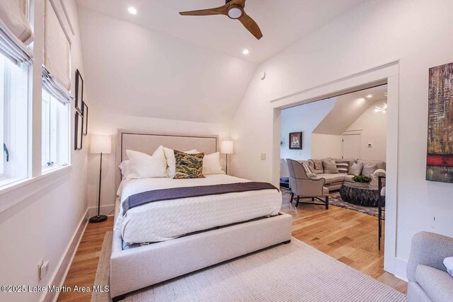 326 Bulgers Mill Loop, Alexander City, AL 35010 - bedroom with light wood-style flooring, lofted ceiling, recessed lighting, ceiling fan, and baseboards