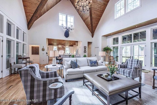 326 Bulgers Mill Loop, Alexander City, AL 35010 - living area featuring a chandelier, wood ceiling, high vaulted ceiling, light wood-style flooring, and plenty of natural light