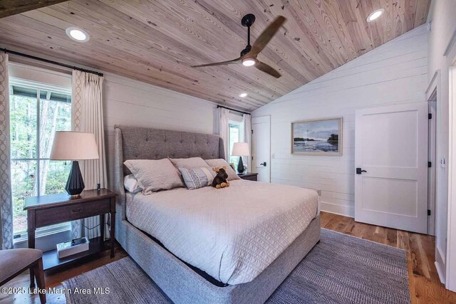 326 Bulgers Mill Loop, Alexander City, AL 35010 - bedroom with wooden ceiling, multiple windows, vaulted ceiling, recessed lighting, and wood walls