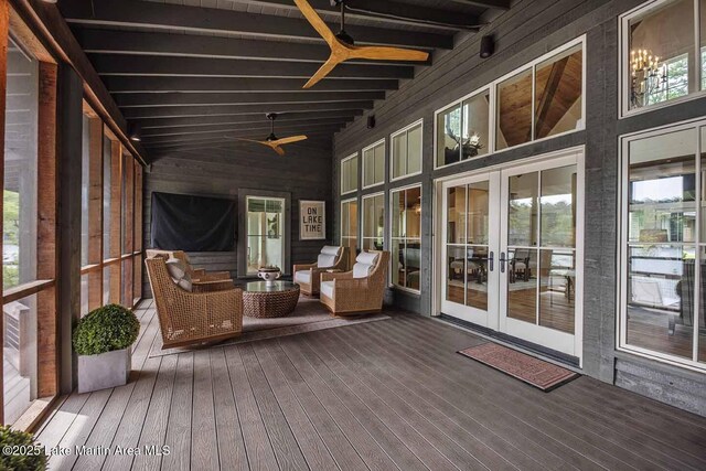 326 Bulgers Mill Loop, Alexander City, AL 35010 - sunroom with french doors, a ceiling fan, and an outdoor hangout area