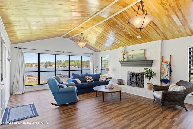 living room with a fireplace, a water view, a healthy amount of sunlight, and wood-type flooring