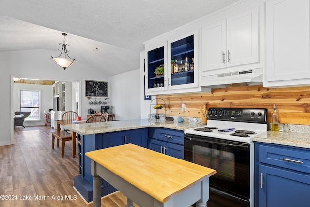 kitchen featuring hanging light fixtures, blue cabinets, white range with electric cooktop, lofted ceiling, and exhaust hood