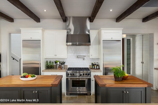 kitchen with wall chimney exhaust hood, beam ceiling, high end appliances, and white cabinetry