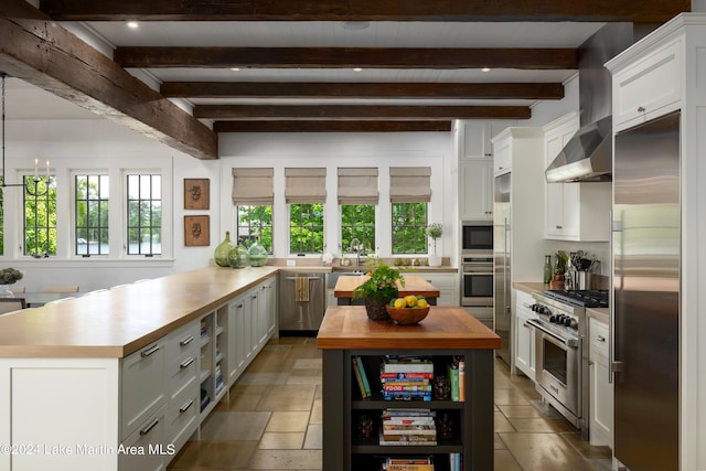 kitchen featuring built in appliances, white cabinetry, kitchen peninsula, and wall chimney exhaust hood