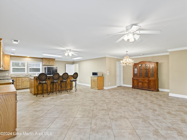 424 Weatherford Cir, Dadeville, AL 36853 - kitchen with a kitchen breakfast bar, light tile patterned floors, crown molding, and black refrigerator with ice dispenser