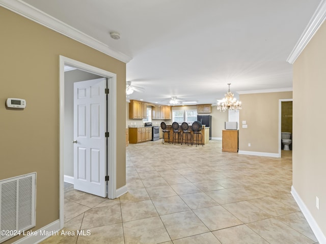 unfurnished living room with light tile patterned floors, ceiling fan with notable chandelier, and crown molding