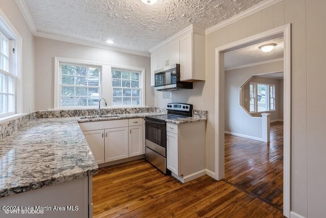 kitchen featuring dark wood-type flooring, white cabinets, stainless steel appliances, and sink