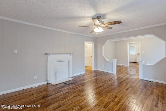 unfurnished living room with ceiling fan, crown molding, a textured ceiling, and hardwood / wood-style flooring