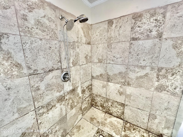 details featuring a tile shower and crown molding