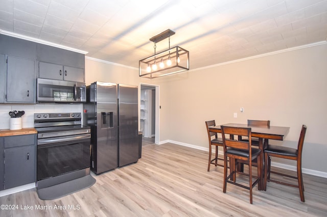 kitchen with backsplash, light wood-type flooring, decorative light fixtures, appliances with stainless steel finishes, and ornamental molding