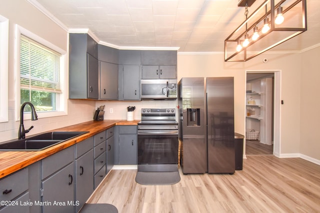 kitchen featuring sink, decorative backsplash, butcher block countertops, light hardwood / wood-style floors, and stainless steel appliances