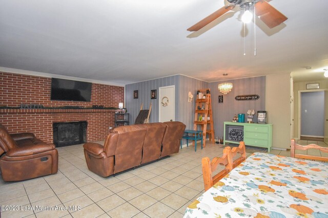 tiled living room featuring a fireplace and ornamental molding