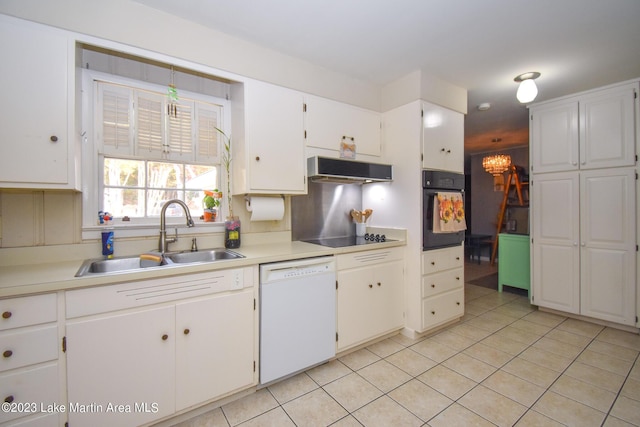 kitchen featuring white cabinets, light tile patterned floors, sink, and black appliances