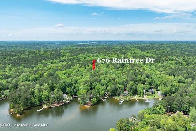 birds eye view of property featuring a water view and a wooded view
