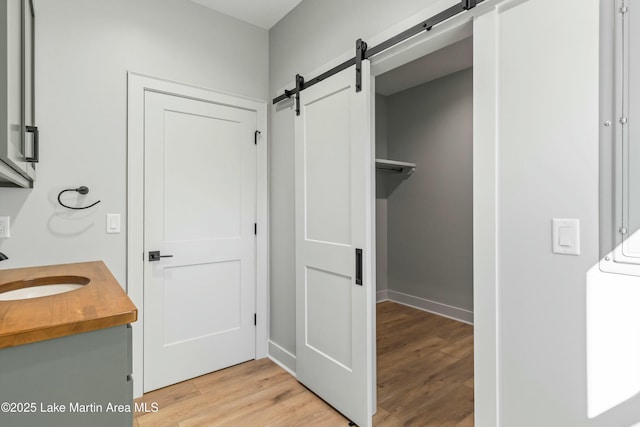 bathroom featuring washer / clothes dryer, a spacious closet, vanity, and wood finished floors