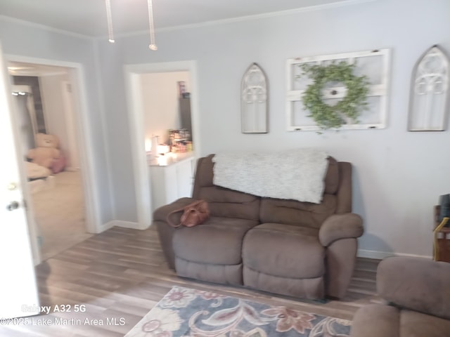 living room featuring wood finished floors, crown molding, and baseboards