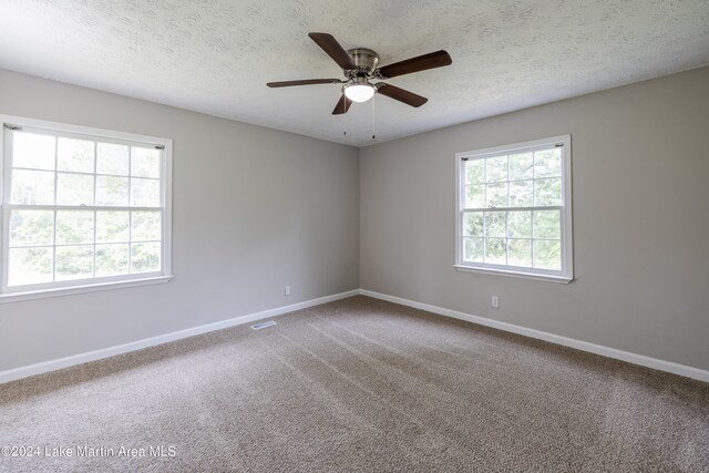 carpeted empty room with ceiling fan, a textured ceiling, and a wealth of natural light