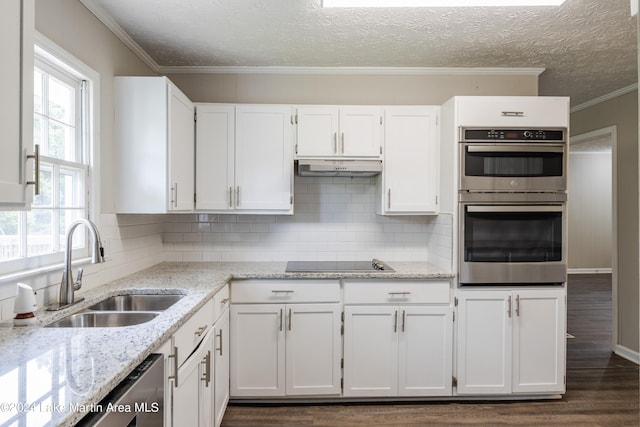 kitchen featuring white cabinets, sink, dark hardwood / wood-style floors, light stone countertops, and appliances with stainless steel finishes