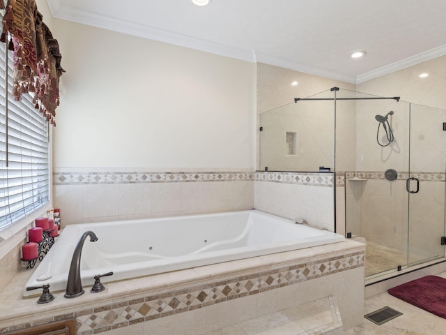 bathroom featuring crown molding, tile patterned flooring, and independent shower and bath