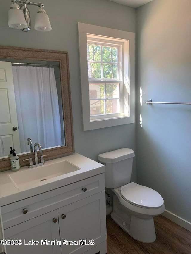 bathroom with hardwood / wood-style flooring, toilet, and vanity