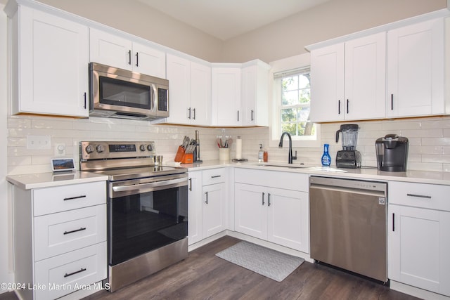 kitchen featuring white cabinetry, sink, stainless steel appliances, and dark hardwood / wood-style floors