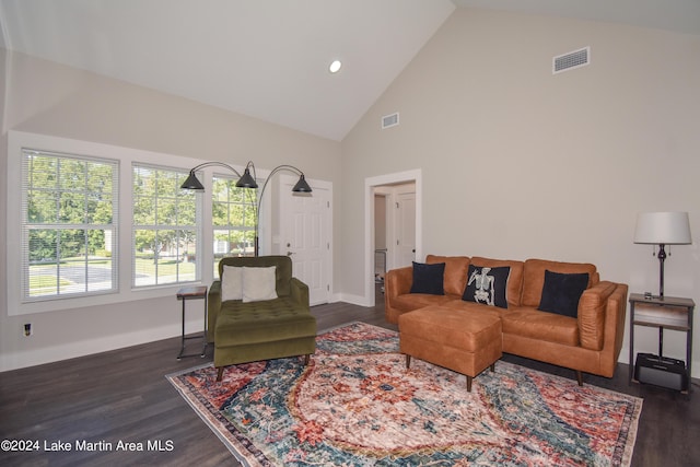 living room with high vaulted ceiling and dark hardwood / wood-style floors