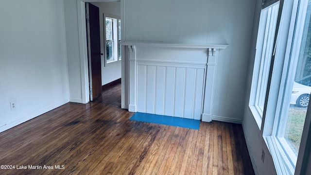 empty room with wood walls, plenty of natural light, and dark hardwood / wood-style floors