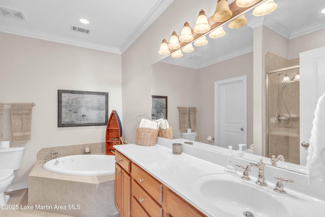 bathroom featuring visible vents, ornamental molding, a shower stall, and toilet