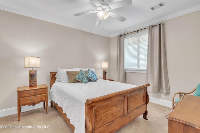 bedroom with light carpet, baseboards, visible vents, ceiling fan, and ornamental molding