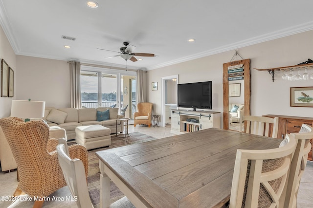 dining room featuring visible vents, a ceiling fan, light tile patterned flooring, crown molding, and recessed lighting