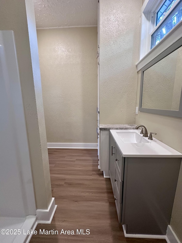 104 Central Blvd, East Tallassee, AL 36078 - bathroom featuring a textured wall, wood finished floors, and vanity
