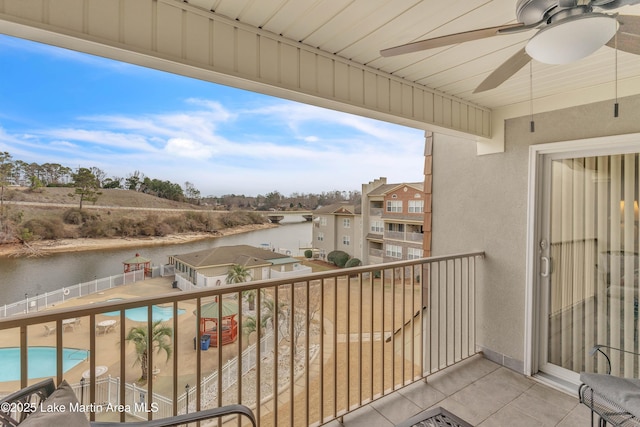 balcony featuring ceiling fan and a water view