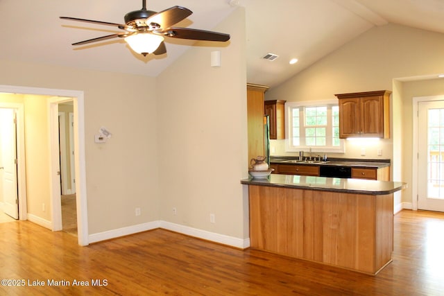 295 Landers Loop, Sylacauga, AL 35150 - kitchen with dark countertops, a peninsula, a ceiling fan, light wood-type flooring, and high vaulted ceiling