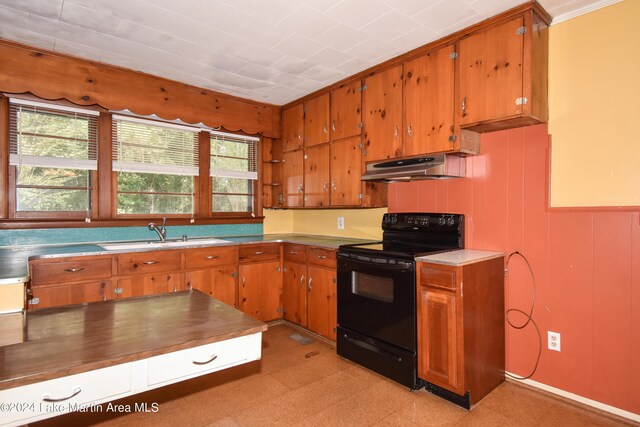 kitchen featuring crown molding, electric range, sink, and a healthy amount of sunlight