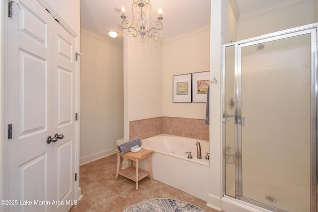 bathroom with tile patterned floors, ornamental molding, separate shower and tub, and a notable chandelier