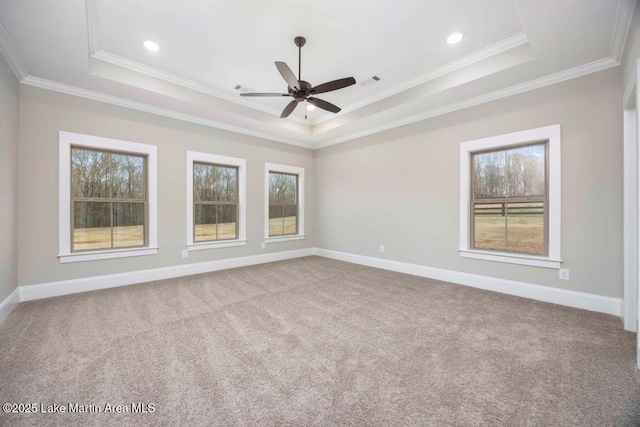 unfurnished room featuring crown molding, a raised ceiling, and carpet flooring