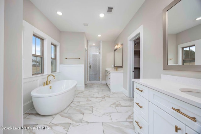 bathroom with independent shower and bath, vanity, and a healthy amount of sunlight