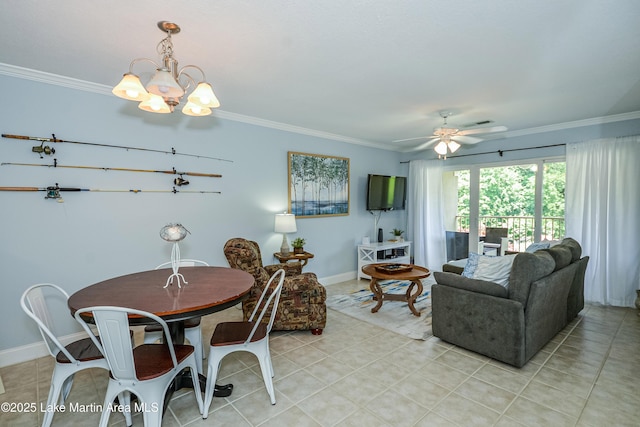 189 Williams Rd Unit # N2, Alexander City, AL 35010 - dining space featuring crown molding, a chandelier, ceiling fan, and light tile patterned floors