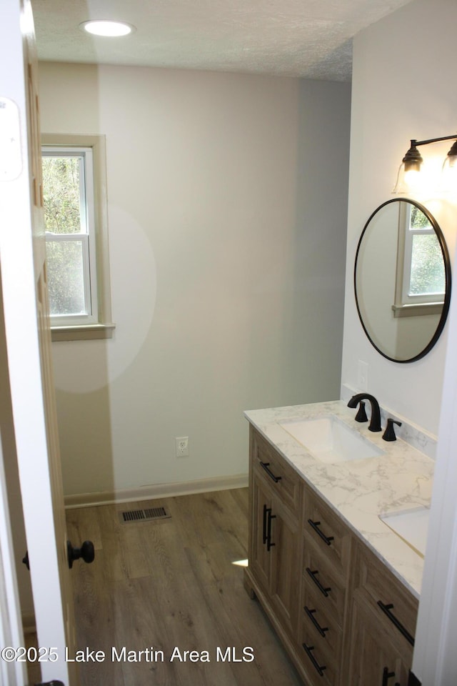 bathroom featuring double vanity, baseboards, visible vents, wood finished floors, and a sink