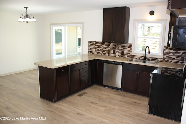 kitchen featuring hanging light fixtures, decorative backsplash, appliances with stainless steel finishes, a sink, and a peninsula