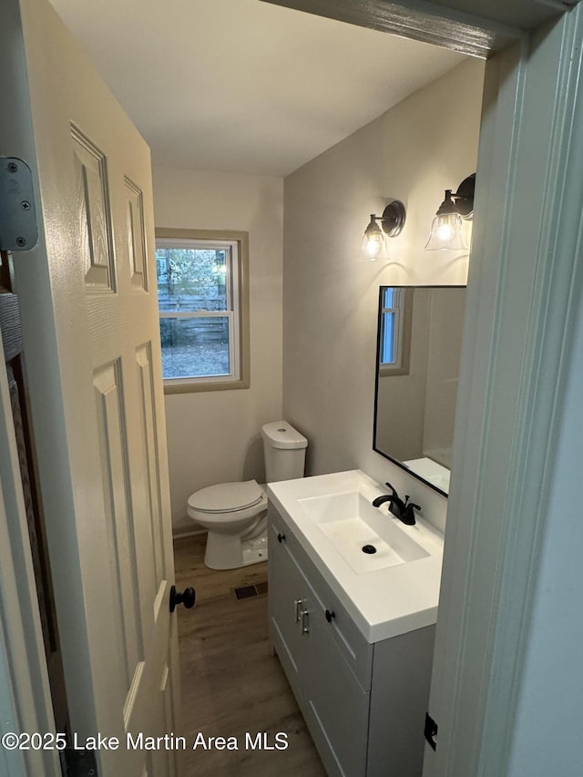 bathroom with vanity, hardwood / wood-style flooring, and toilet